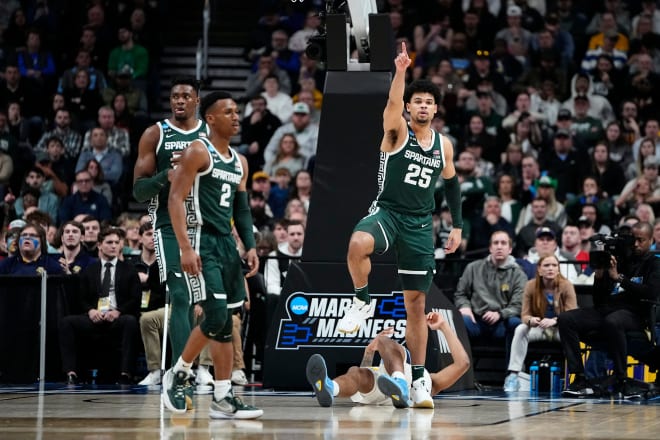 Michigan State Spartans forward Malik Hall (25) celebrates during the second round of the NCAA men s basketball tournament against the Marquette Golden Eagles at Nationwide Arena.