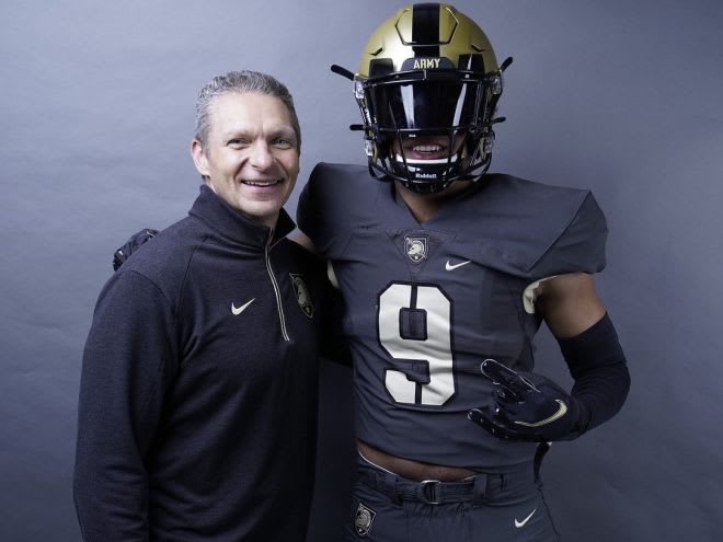 Head Coach Jeff Monken with Safety commit Esteban Guillory during his weekend visit to West Point