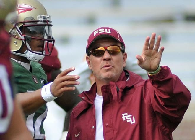 Florida State coach Jimbo Fisher discusses a pass made by Deondre Francois during a practice from earlier in the year.