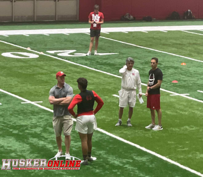 2024 Bellevue West quarterback Daniel Kailen watches the Dylan Raiola workout from the background with Scott Frost, Mario Verduzco and Matt Lubick.