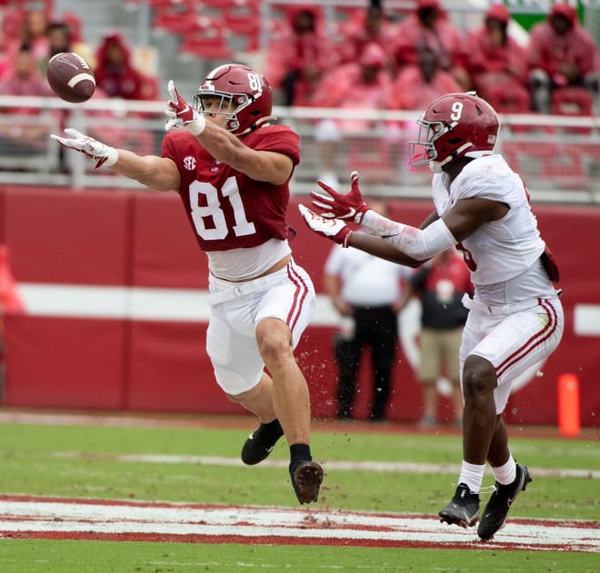 Cameron Latu (81) reaches out for a pass during Alabama's spring game in April. 