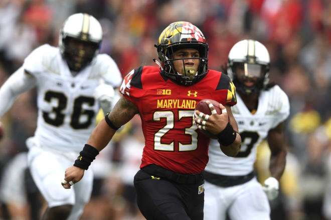 Lorenzo Harrison (No. 23) has 78 yards rushing through two games this season for Maryland. 