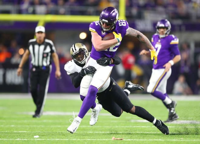 Tight end Kyle Rudolph had five receptions for 28 yards in Minnesota’s 29-24 victory over New Orleans in the divisional round of the NFL playoffs.
