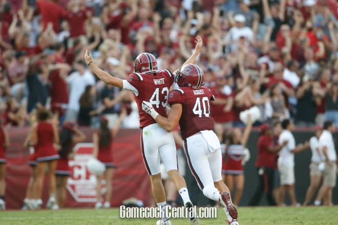 Parker White takes a victory lap after booting what would end up being the game-winner.  South Carolina hung on to beat Louisiana Tech 17-16.