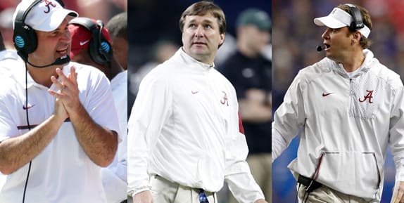 Jeremy Pruitt (left), Kirby Smart (center), and Lane Kiffin (right) have all left Alabama to become a head coach at other programs within the last three seasons