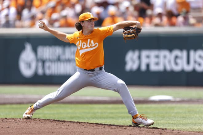 Tennessee right-handed pitcher Chase Dollander pitches against Notre Dame in the 2022 Super Regionals in Knoxville.