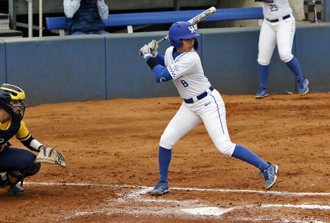Kennedy Sullivan, pictured here in Thursday's game against Michigan, had a three-run homer in the Cats' win over Drake on Friday.