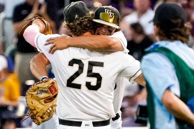 Nick Kurtz, right, embraces Brock Wilken after a game last season. 