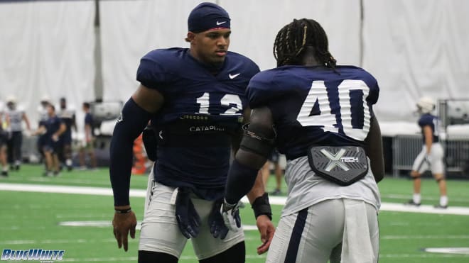 Penn State linebackers Brandon Smith and Jesse Luketa work during a Nittany Lions practice on Sept. 8 at Holuba Hall. BWI photo/Ryan Snyder