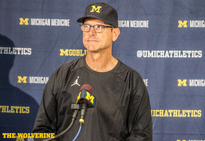 Jim Harbaugh met with the media Monday following a loss to Notre Dame.