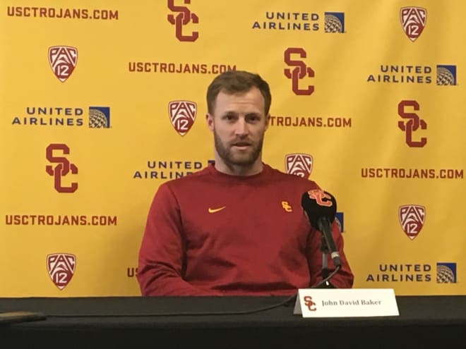 USC tight ends coach John David Baker met with reporters Tuesday.