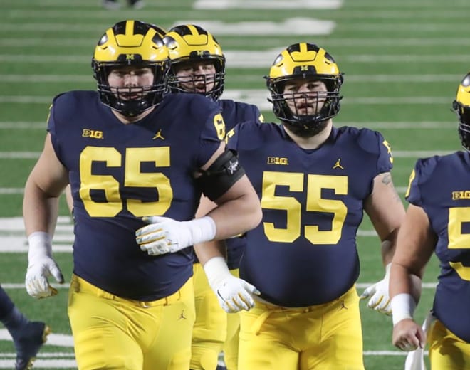 Guard Zak Zinter (No. 65) will start on the offensive line for Michigan this year. 