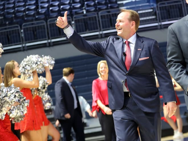 Kermit Davis is introduced to Ole Miss fans at a rally in March. Davis and the Rebels will embark on a four-game trip to Canada Saturday.