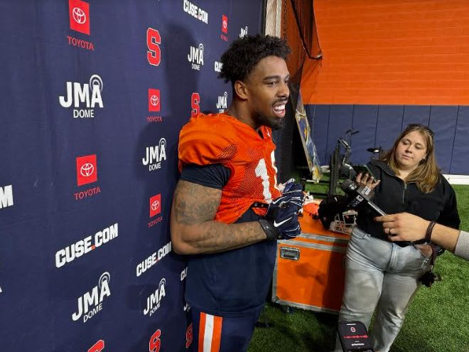 Mar 27, 2024; Syracuse, New York, USA; Syracuse Orange defensive lineman Fadil Diggs speaks with reporters following a practice at the Ensley Athletic Center.