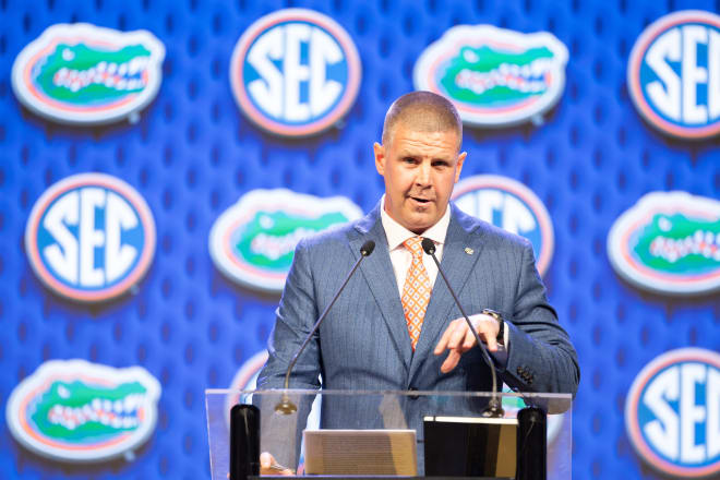 Florida head coach Billy Napier speaking at Omni Dallas Hotel. Mandatory Credit: Brett Patzke-USA TODAY Sports