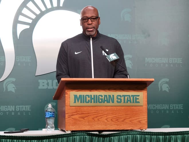 Interim Head Coach Harlon Barnett talks to the media prior to the final game of the regular season versus Penn State.