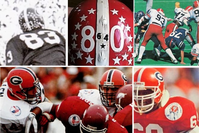 Clockwise from top left: UGA players, No. 83 Mixon Robinson in this case, display helmet stickers for the first time in 1971; in memory of No. 64 Hugh Hendrix in 1976; wearing red britches against the Rebels on the road; linebacker Terrie Webster, a member of Georgia's "Junkyard Dawgs Club" of 1987; a black facemask and helmet stripe for the 1991 Independence Bowl.