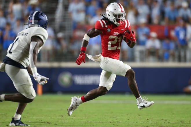 Ole Miss Rebels running back Henry Parrish Jr. (21) runs the ball during the second half against the Georgia Southern Eagles at Vaught-Hemingway Stadium. Mandatory Credit: Petre Thomas-Imagn Images