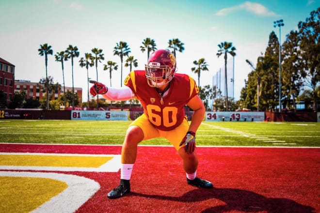 Drake Metcalf, a 3-star 2020 offensive guard from St. John Bosco High School, poses during USC's Elite Junior Day on Saturday.