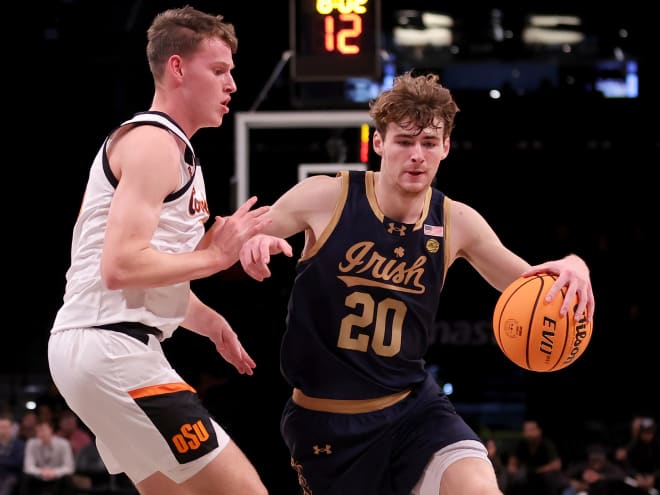 Notre Dame guard J.R. Konieczny (20) registered a double-double in Friday's win over Oklahoma State.