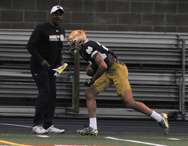 New receivers coach Del Alexander is helping the Irish pass catching corps, including rising sophomore Kevin Stephenson (above), learn a new offense.