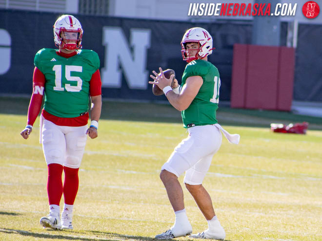 Nebraska football QBs Dylan Raiola (left) and Heinrich Haarberg