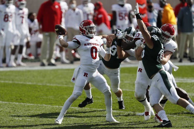 Rutgers QB Noah Vedral throws a pass against Michigan State in the 2020 season opener