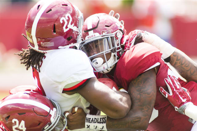 Alabama linebacker Mack Wilson, right, had five tackles including one for a loss during A-Day. Photo | Laura Chramer 