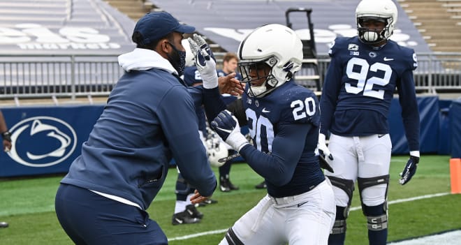 Penn State defensive end Adisa Isaac, shown here during a 2021 spring practice drill at Beaver Stadium. Photo courtesy of Penn State Athletics. 