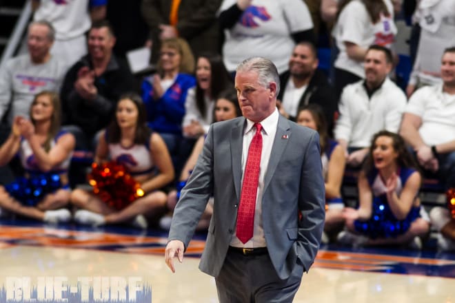San Diego State head coach, Brian Dutcher looks on as his Aztec team beats the Broncos  72-55 just a few weeks ago in Boise.