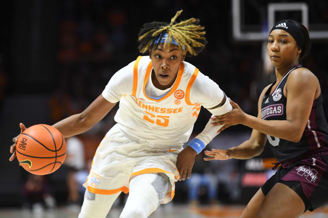 Tennessee guard Jordon Horston drives on Mississippi State's Anastasia Hayes. 