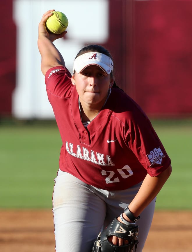 Alabama's Alexis Osorio (20) pitches during a game against Kentucky at Rhoads Stadium in Tuscaloosa on April 23, 2016. Alabama won, 7-1. staff photo/Erin Nelson