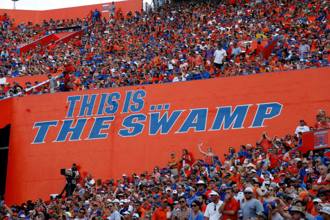 Sep 10, 2016; Gainesville, FL, USA;A general view of " This is .. The Swamp" with fans at Steve Spurrier - B Florida Field during the first half against the Kentucky Wildcats at Ben Hill Griffin Stadium. Mandatory Credit: Kim Klement-USA TODAY Sports