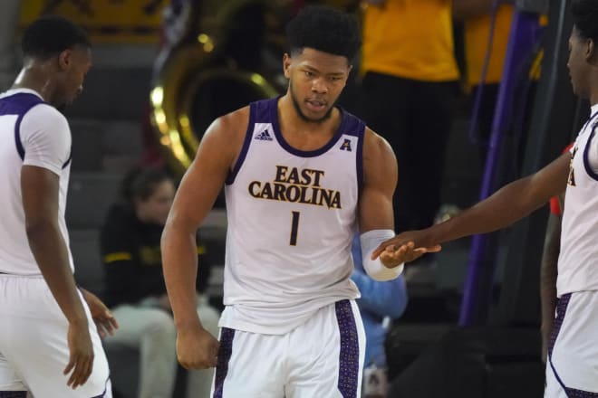 Jan 29, 2020; East Carolina forward Jayden Gardner (1) celebrates a basket against the Houston Cougars at Minges Coliseum.