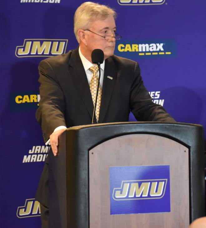 James Madison athletic director Jeff Bourne addresses the media during a press conference introducing new football coach Curt Cignetti this past December.