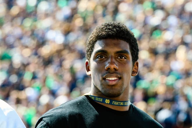 Rivals250 DE Thomas Booker during his official visit to Notre Dame.