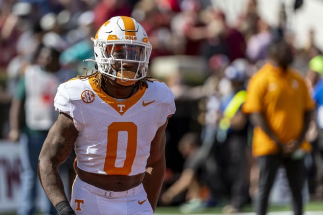 Tennessee running back Jaylen Wright (0) warms up before an NCAA college football game against Alabama, Saturday, Oct. 21, 2023, in Tuscaloosa, Ala. (AP Photo/Vasha Hunt)