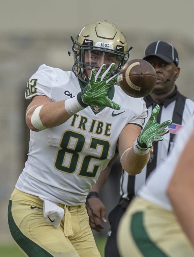 William & Mary tight end Tyler Klaus makes a catch against Virginia Tech during the Tribe's loss to the Hokies last year in Blacksburg.