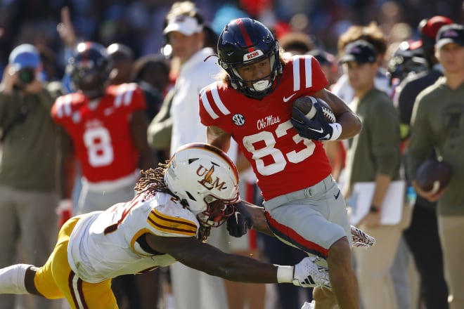 Ole Miss Rebels wide receiver Cayden Lee (83) runs after a catch for a touchdown against Louisiana Monroe Warhawks linebacker Max Harris (24) during the second half at Vaught-Hemingway Stadium. Mandatory Credit: Petre Thomas-USA TODAY Sports