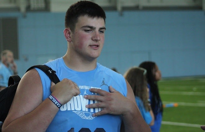 Mason Wade, a 6-foot-5, 270-pound offensive tackle for Loudoun Valley High School in Purcellville, VA was a participant in the Showtime Camp held in the Koman Practice Complex. 