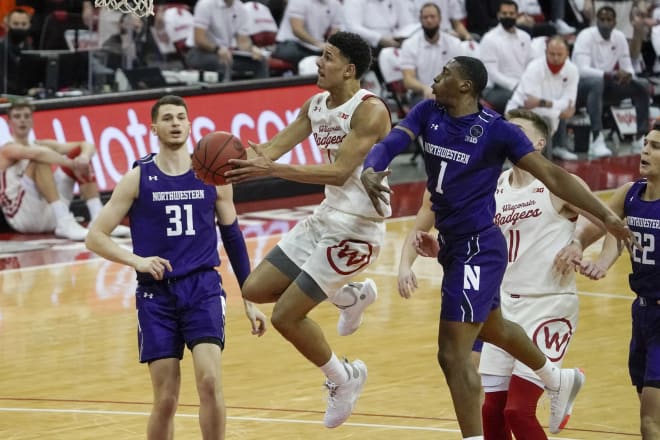 Freshman Jonathan Davis attacks the rim during Wisconsin's 68-52 victory on January 20, 2021.