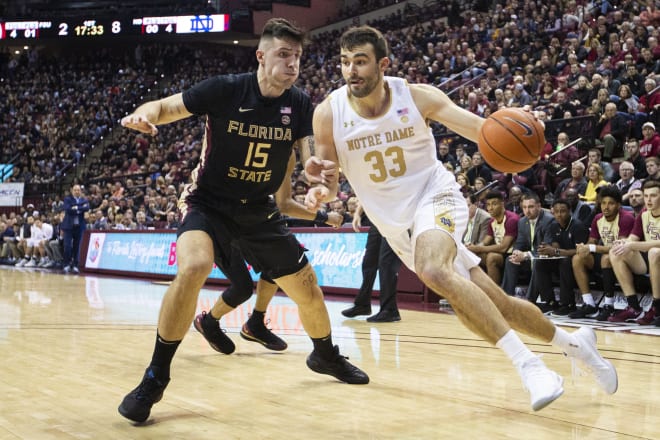 FSU center Dominik Olejniczak works to defend Notre Dame's John Mooney earlier this season.