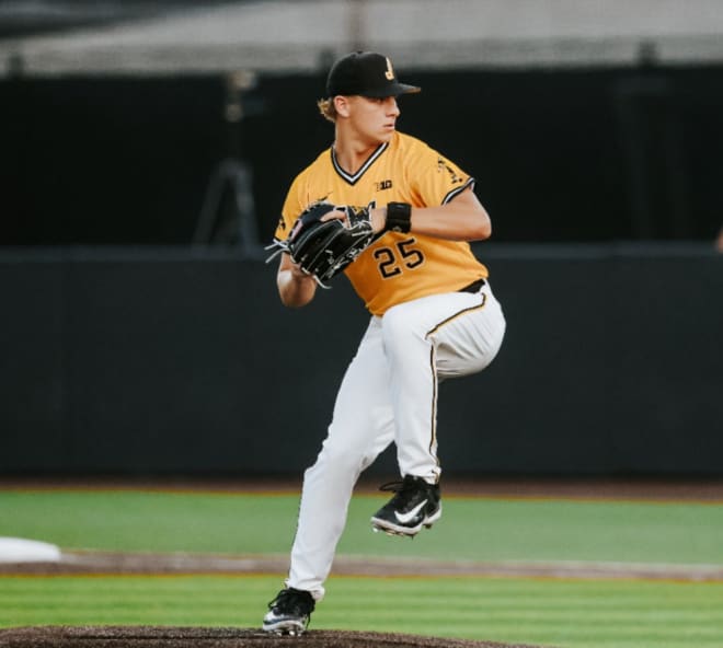 Iowa reliever Jack Whitlock throws a pitch against Seton Hall on Friday