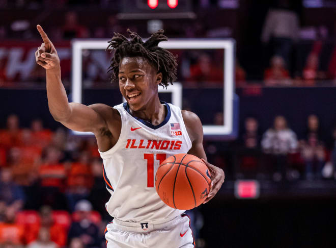 Ayo Dosunmu #11 of the Illinois Fighting Illini is seen during the game against the Iowa Hawkeyes at State Farm Center on March 8, 2020 in Champaign, Illinois.