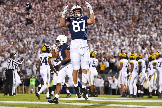 Penn State tight end Pat Freiermuth celebrates against the Michigan Wolverines.