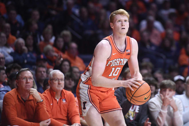 : Illinois Fighting Illini Guard Luke Goode (10) shoots during the college basketball game between the Northwestern Wildcats and the Illinois Fighting Illini on January 2, 2024, at State Farm Center in Champaign, Illinois. 