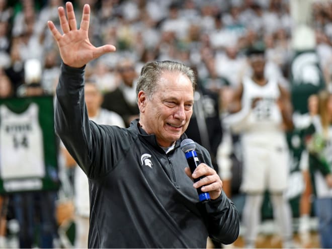 Michigan State's head coach Tom Izzo addresses the fans during the senior night celebration after the win over Northwestern on March 6, 2024.