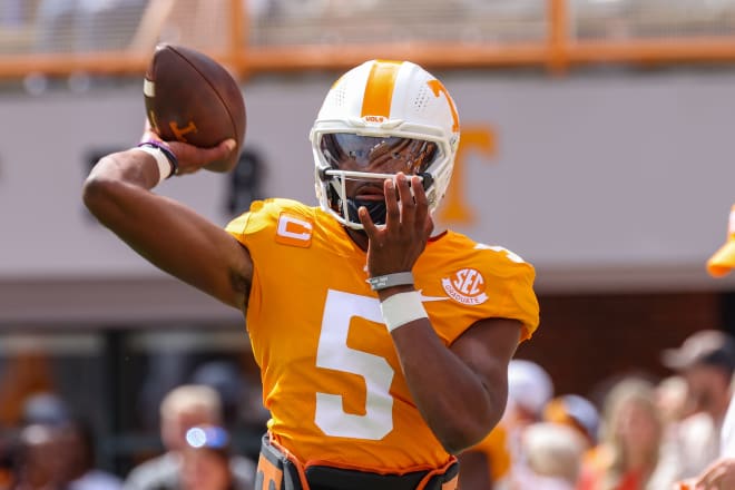 Tennessee quarterback Hendon Hooker warming up ahead of the Vols' game against Florida on Sept. 24, 2022 at Neyland Stadium.