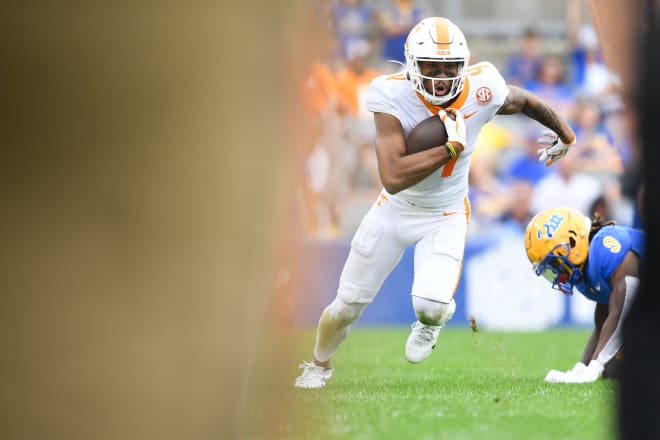 Cedric Tillman runs up the field after making a catch during Tennessee's 34-27 overtime win over Pitt on Sept. 10, 2022. 