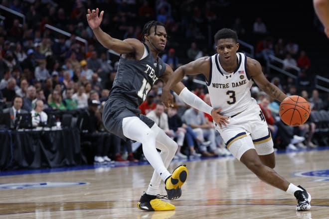 Notre Dame men's basketball pulled out a 84-80 win on Tuesday in the first round of the ACC Tournament. Markus Burton, pictured above, scored 21 points but also made an impact as a playmaker with eight assists when his shot wasn't falling in the second half.